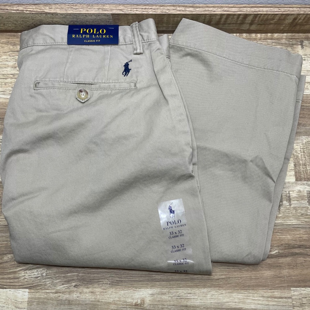 Polo Ralph Lauren Mens Classic Fit Chino Pants Khaki Tan 33x32 New With Tags